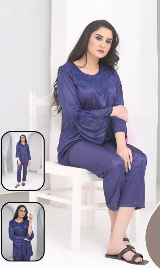 Woman wearing a blue outfit sitting on a white chair with smaller inset images of the same outfit.